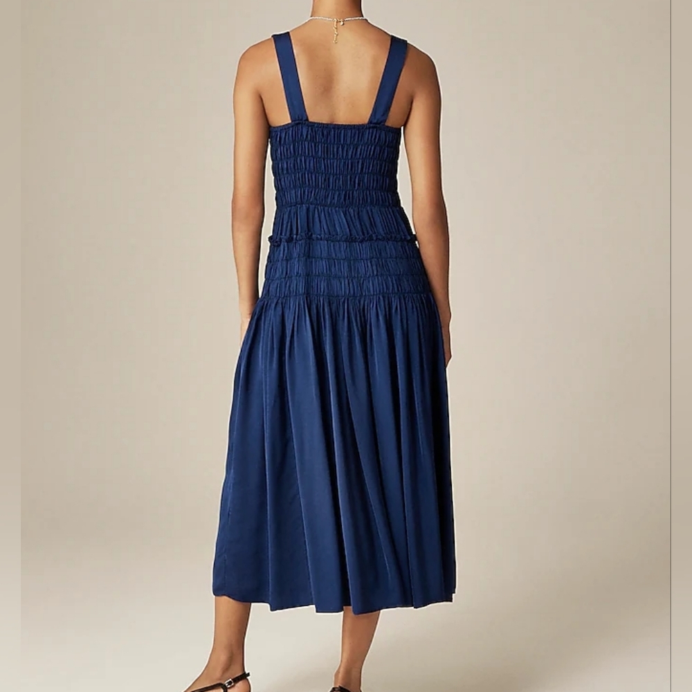 Jcrew Smocked midi dress in summer Navy Blue Bnwt - Picture 3 of 13